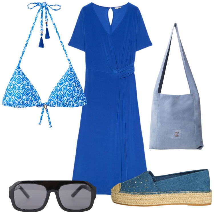 Outfit donna - Total look #2201216. Stile Trendy per Mare. Abbinamento con espadrillas, bikini, occhiali da sole, borse a tracolla, vestiti midi/longuette.
