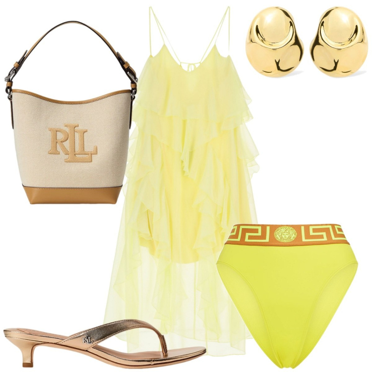 Outfit donna - Total look #2201219. Stile Trendy per Mare. Abbinamento con vestiti lunghi, borse a secchiello, sandali in pelle, bikini, orecchini.
