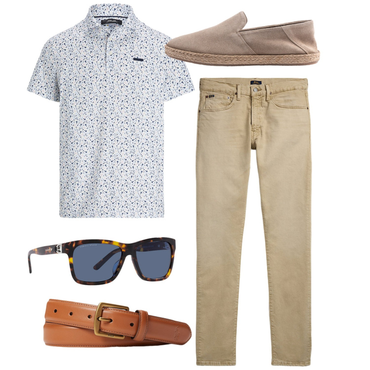 Outfit uomo - Camicia provenzale. Stile Casual per Tutti i giorni. Abbinamento con cinture, jeans, occhiali da sole, polo, espadrillas.