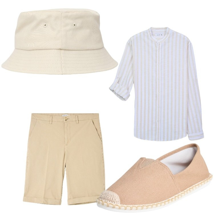 Outfit uomo - Turista. Stile Casual per Tutti i giorni. Abbinamento con bermuda, espadrillas, cappelli, camicie.