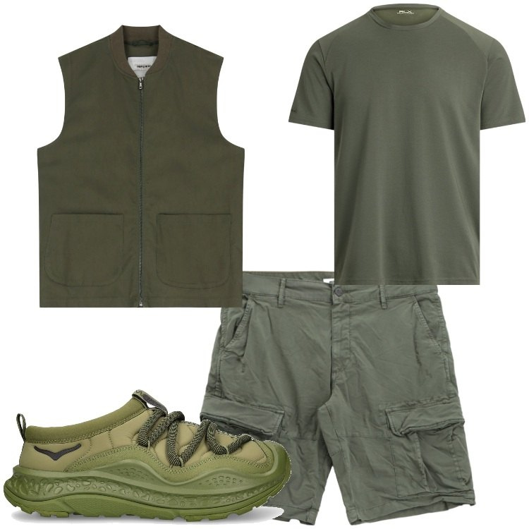 Outfit uomo - In montagna. Stile Casual per Sport. Abbinamento con gilet, bermuda, t-shirt, sneakers.