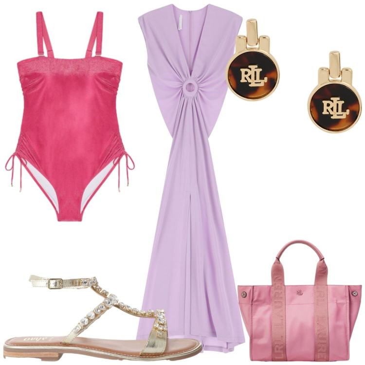 Outfit donna - Total look #2201223. Stile Chic per Mare. Abbinamento con vestiti lunghi, sandali, orecchini, borse tote, costumi interi.