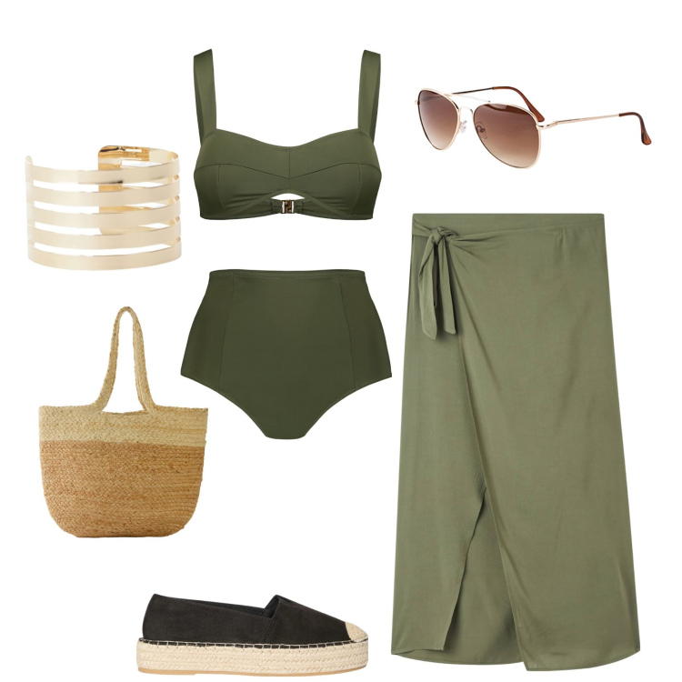 Outfit donna - Military chic. Stile Casual chic per Mare. Abbinamento con occhiali da sole, shopping bag, vestiti da spiaggia, espadrillas, braccialetti, bikini.