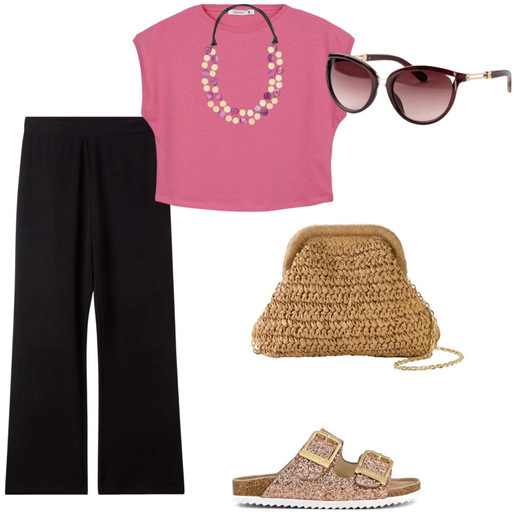 Outfit donna - Urban. per Tutti i giorni. Abbinamento con occhiali da sole, borse a tracolla, pantaloni, t-shirt, sandali, collane.