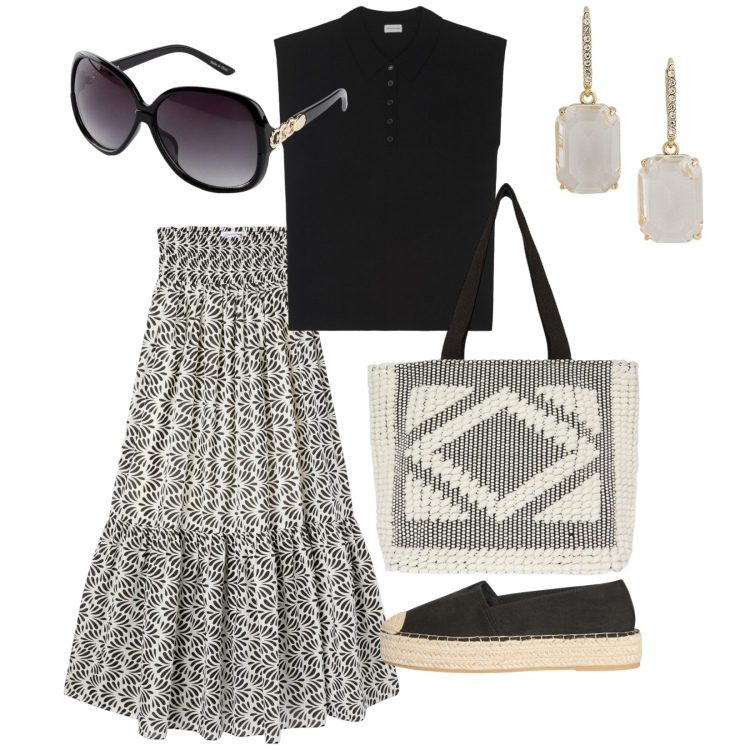 Outfit donna - Città e vacanze. per Tutti i giorni. Abbinamento con occhiali da sole, gonne lunghe, espadrillas, orecchini, shopping bag, polo.