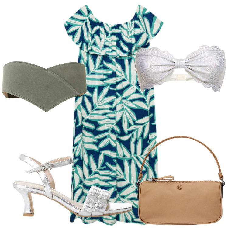 Outfit donna - Total look #2201232. Stile Trendy per Mare. Abbinamento con sandali col tacco, cinture, pochette, vestiti lunghi, bikini.