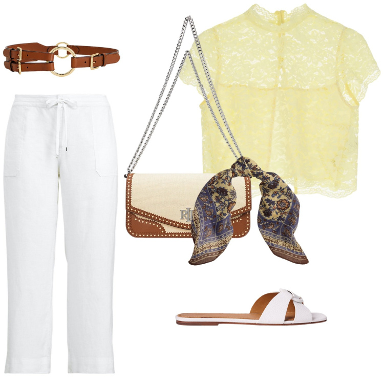 Outfit donna - Siamo in vacanza. per Tutti i giorni. Abbinamento con top, pantaloni, sandali in pelle, cinture, borse a spalla, foulard.