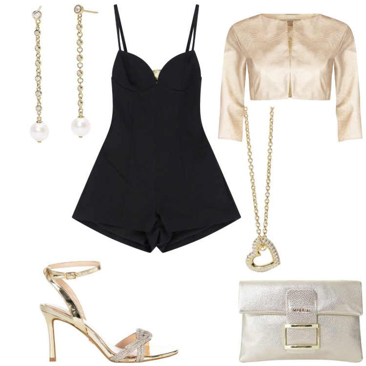 Outfit donna - Playsuit a luglio. Stile Glamour per Serata fuori. Abbinamento con orecchini, collane, bolero, sandali col tacco, pochette, tuta corta.
