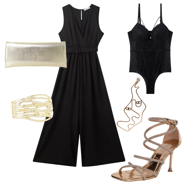 Outfit donna - Sexy con classe. Stile Sexy per Serata fuori. Abbinamento con tute, sandali col tacco, body, pochette, braccialetti, orecchini.