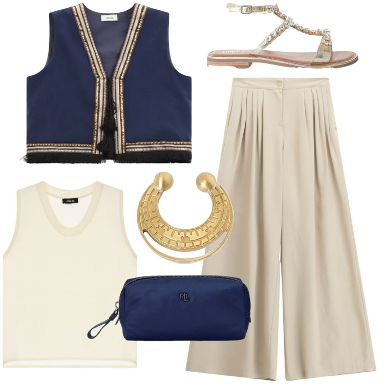 Outfit donna - Il gilet etnico con i pantaloni écru. Stile Etnico per Serata fuori. Abbinamento con pantaloni a palazzo, gilet, top, sandali, pochette, orecchini.