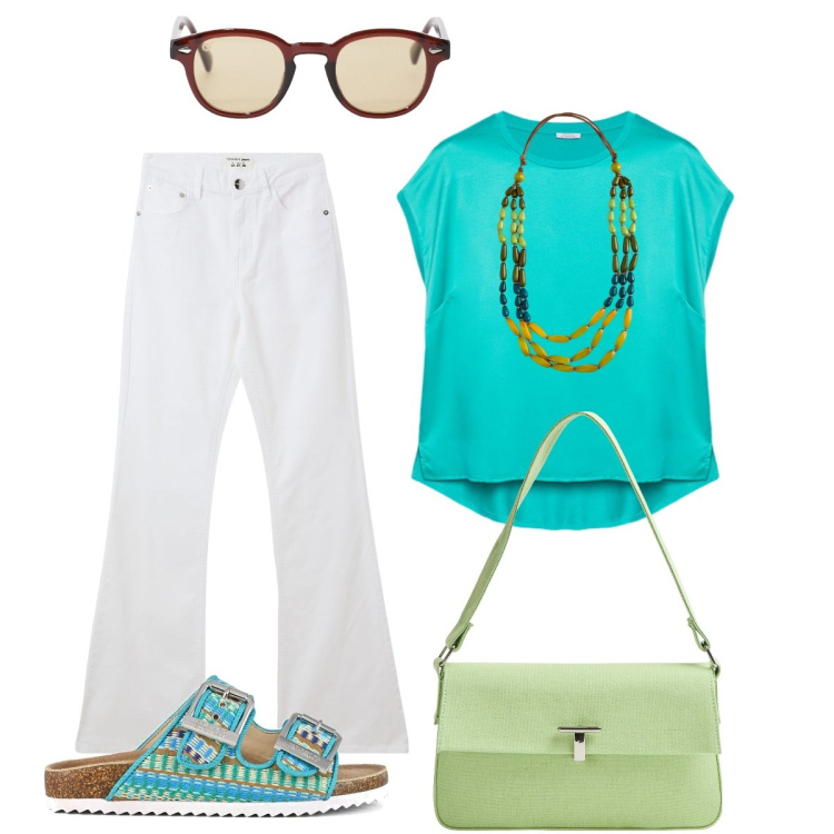 Outfit donna - La blusa turchese. Stile Casual chic per Tutti i giorni. Abbinamento con jeans a zampa, borse a spalla, occhiali da sole, sandali, collane, bluse.