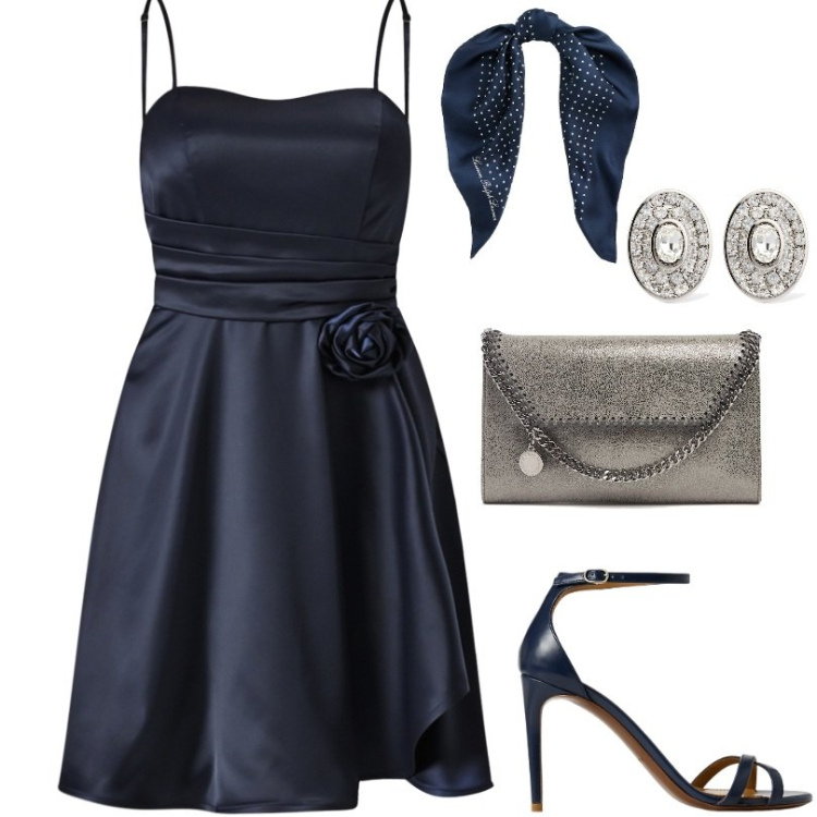Outfit donna - Total look #2201239. Stile Chic per Cerimonia. Abbinamento con vestiti corti, foulard, sandali col tacco, orecchini, pochette.