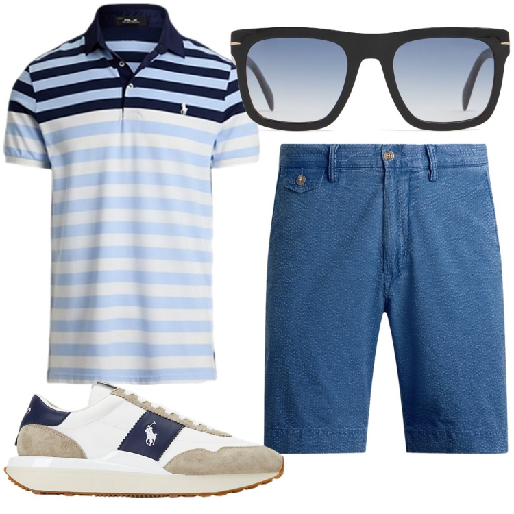 Outfit uomo - Partenza. Stile Casual per Tutti i giorni. Abbinamento con sneakers, polo, pantaloni corti, occhiali da sole.