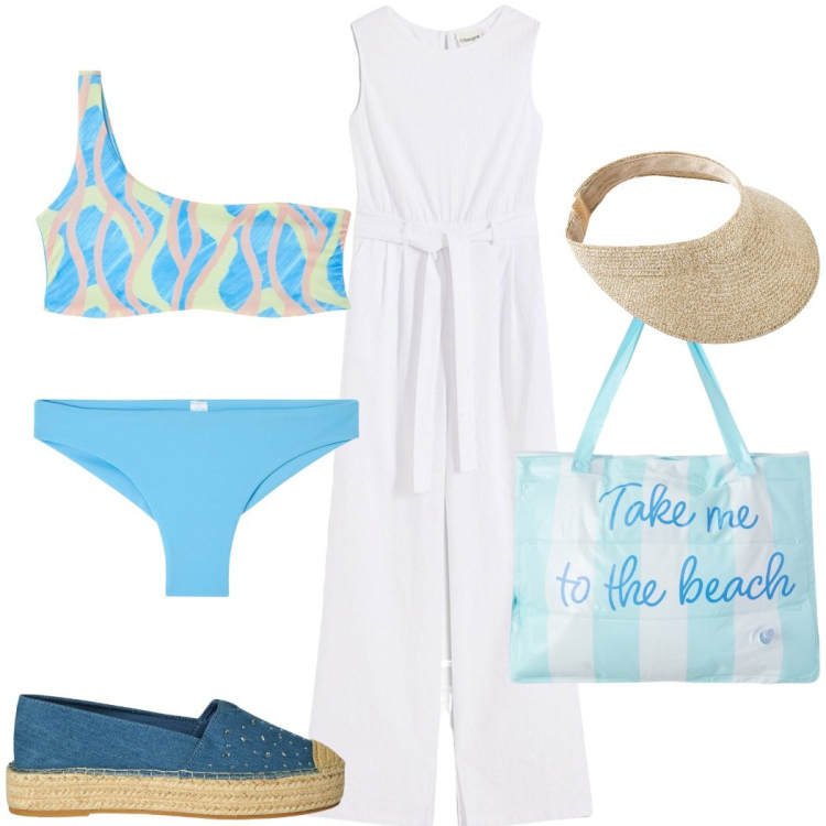 Outfit donna - Destinazione mare. Stile Casual chic per Mare. Abbinamento con cappelli con visiera, tute, bikini, bikini, borse tote, espadrillas.