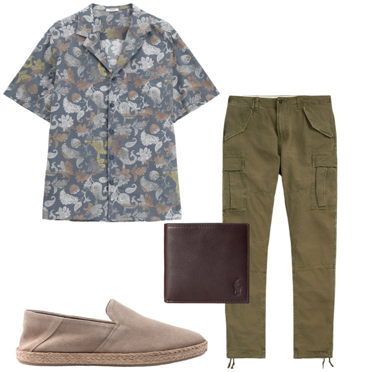 Outfit uomo - In città. Stile Casual per Tutti i giorni. Abbinamento con camicie a manica corta, portafogli, pantaloni cargo, espadrillas.