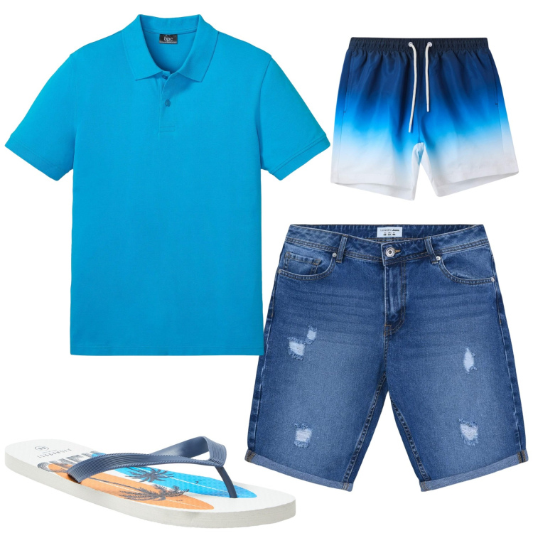 Outfit uomo - In vacanza. Stile Casual per Mare. Abbinamento con polo, sandali, costumi, bermuda.