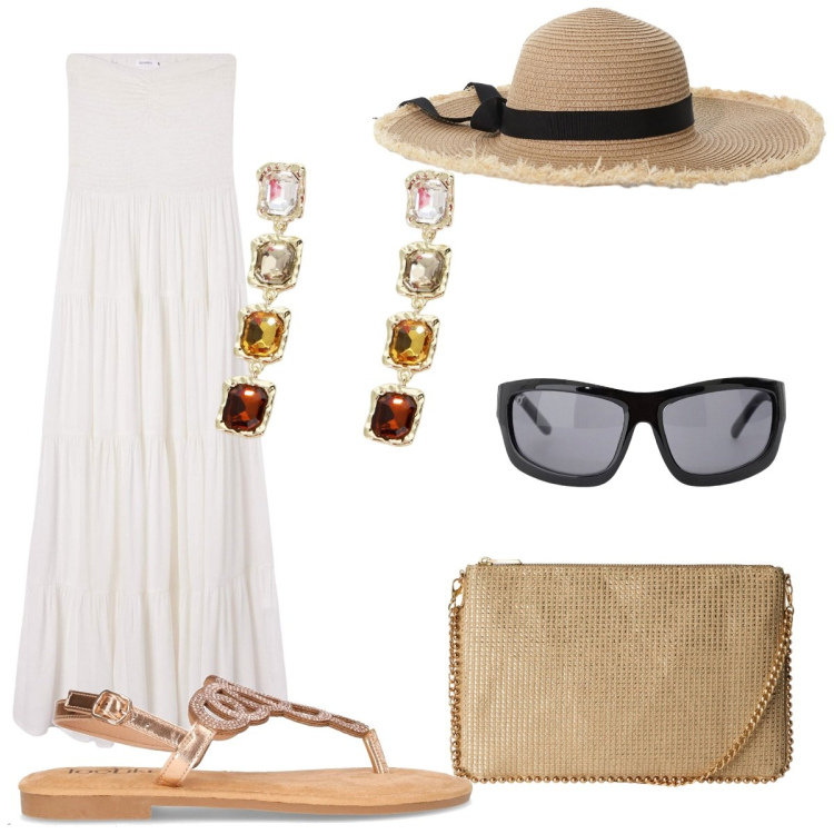 Outfit donna - Viaggio in Turchia. Stile Casual chic per Mare. Abbinamento con borse a tracolla, vestiti lunghi, occhiali da sole, cappelli, orecchini, sandali in pelle.