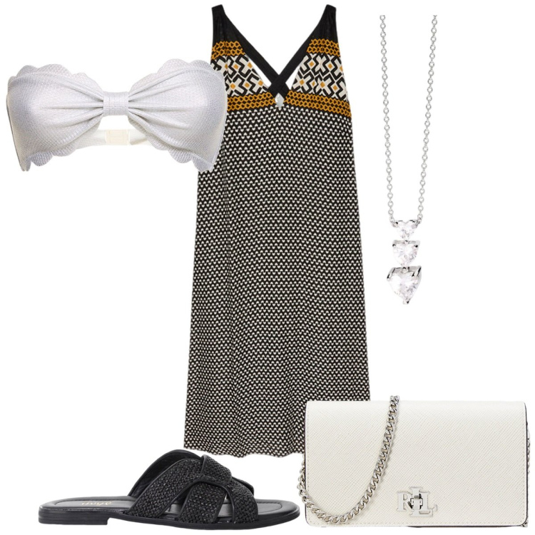 Outfit donna - Total look #2201253. Stile Trendy per Mare. Abbinamento con collane, sandali, borse a tracolla, vestiti lunghi, bikini.
