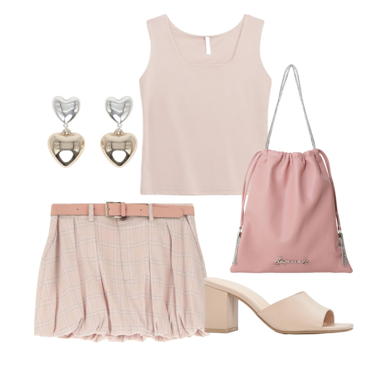 Outfit donna - In rosa con Imperial. Stile Romantica per Tutti i giorni. Abbinamento con sandali col tacco, orecchini, minigonne, borse a secchiello, canottiere.