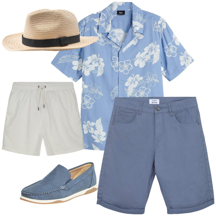 Outfit uomo - Total look #2201256. Stile Casual per Mare. Abbinamento con camicie a manica corta, scarpe stringate, bermuda, costumi, cappelli.
