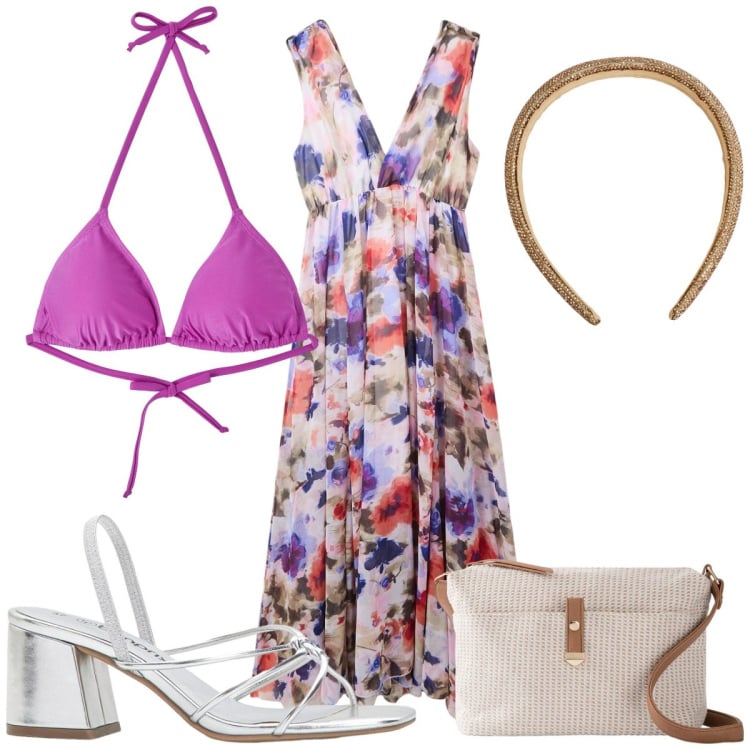 Outfit donna - Total look #2201259. Stile Romantica per Mare. Abbinamento con sandali col tacco, borse a tracolla, vestiti lunghi, bikini, cerchietti.