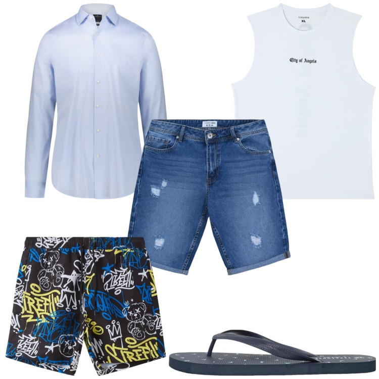 Outfit uomo - Total look #2201261. Stile Trendy per Mare. Abbinamento con canottiere, bermuda, costumi, sandali, camicie.