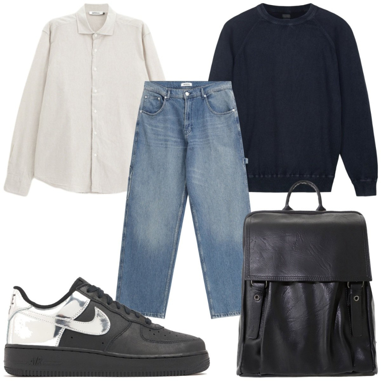 Outfit uomo - Total look #2201263. Stile Casual per Ufficio. Abbinamento con jeans, borse sportive, camicie, maglieria, sneakers.