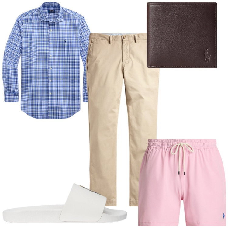 Outfit uomo - Total look #2201264. Stile Trendy per Mare. Abbinamento con pantaloni, portafogli, sandali, camicie, costumi.