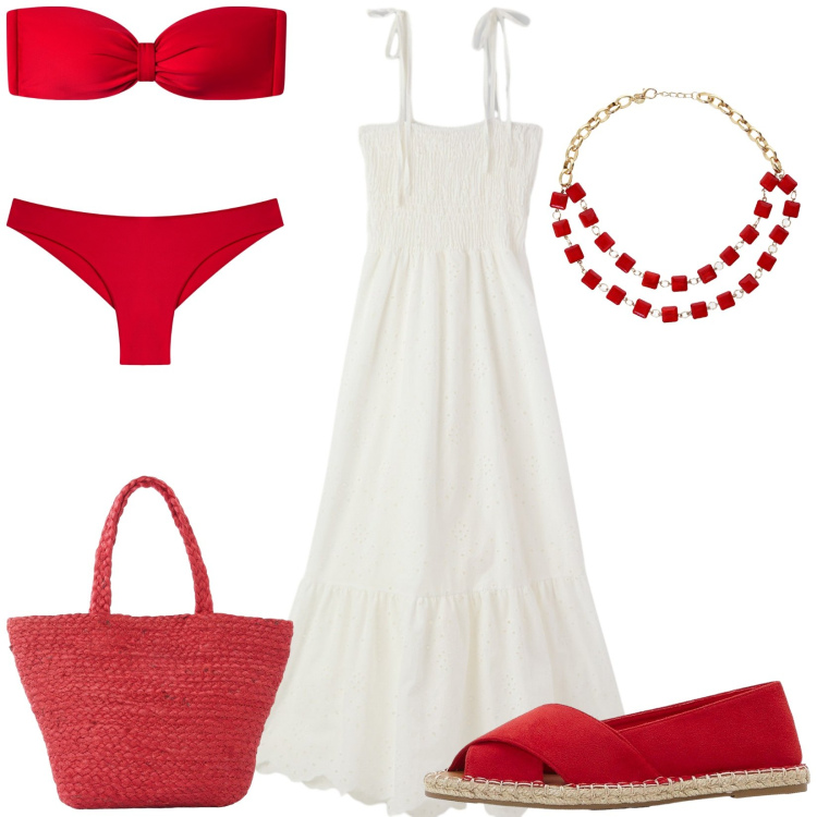 Outfit donna - Total look #2201268. Stile Casual per Mare. Abbinamento con espadrillas, shopping bag, bikini, vestiti midi/longuette, bikini, collane.