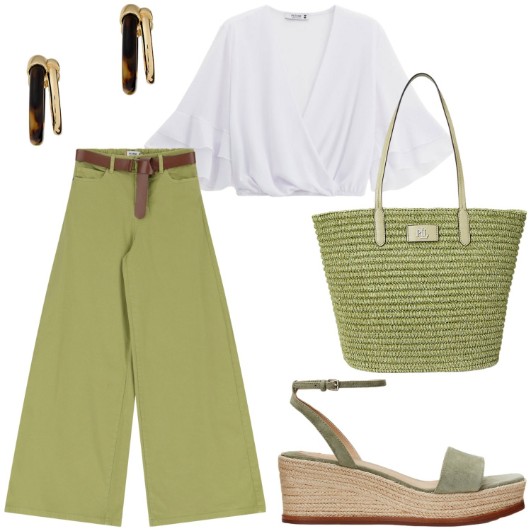 Outfit donna - Total look #2201274. Stile Etnico per Tutti i giorni. Abbinamento con pantaloni, top, orecchini, zeppe, borse tote.