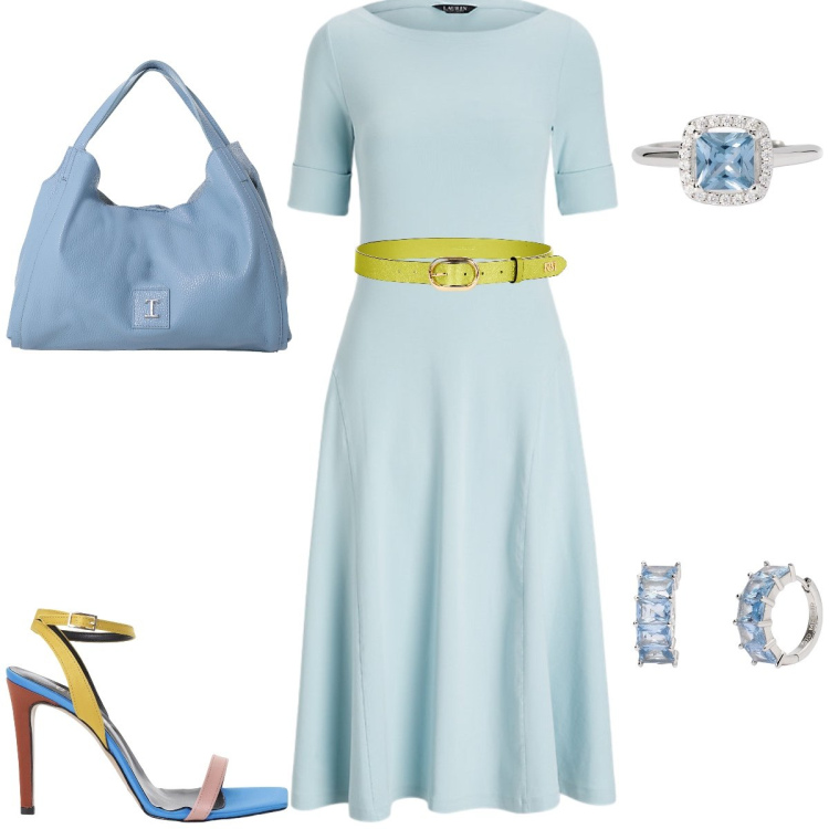 Outfit donna - Mare e cielo addosso. Stile Bon Ton per Tutti i giorni. Abbinamento con orecchini, anelli, cinture, pochette, sandali col tacco, vestiti.