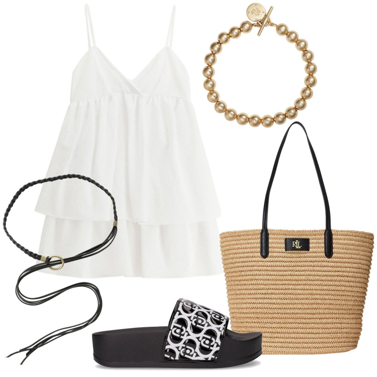 Outfit donna - Total look #2201284. Stile Trendy per Mare. Abbinamento con vestiti corti, cinture, braccialetti, borse tote, ciabatte.