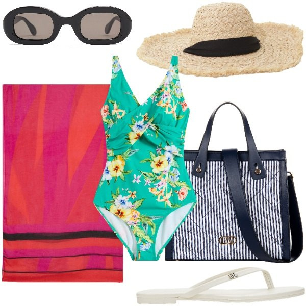 Outfit donna - Costumi colorati 2025. Stile Casual chic per Tutti i giorni. Abbinamento con costumi interi, shopping bag, cappelli, ciabatte, vestiti da spiaggia, occhiali da sole.