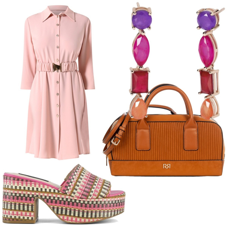 Outfit donna - Total look #2201293. Abbinamento con orecchini, borse a mano, vestiti chemisier, zeppe.
