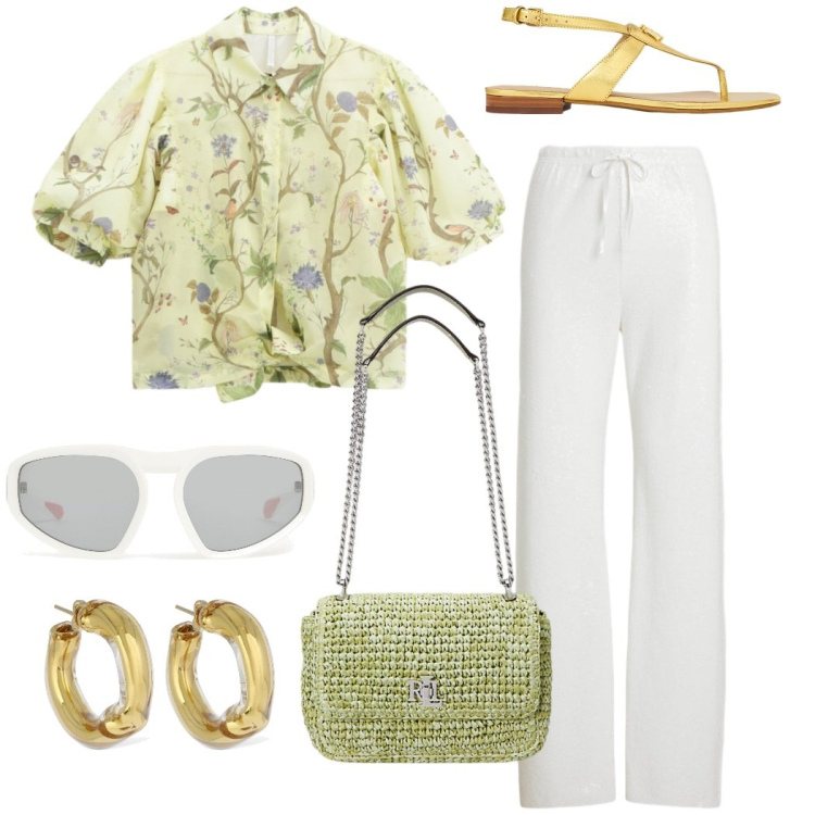 Outfit donna - Estate in città. Stile Casual chic per Tutti i giorni. Abbinamento con camicie a manica corta, sandali in pelle, borse a spalla, pantaloni, occhiali da sole, orecchini.