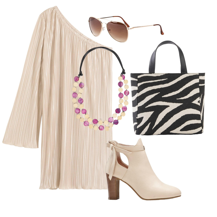 Outfit donna - Leggiadra. Stile Casual chic per Tutti i giorni. Abbinamento con stivaletti, occhiali da sole, borse a mano, vestiti corti, collane.