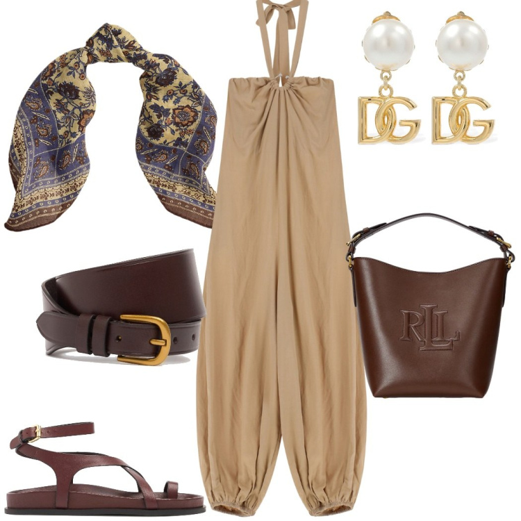 Outfit donna - Jumpsuit a palloncino e accessori cacao. Stile Casual chic per Tutti i giorni. Abbinamento con tute, borse a secchiello, foulard, orecchini, cinture, sandali in pelle.