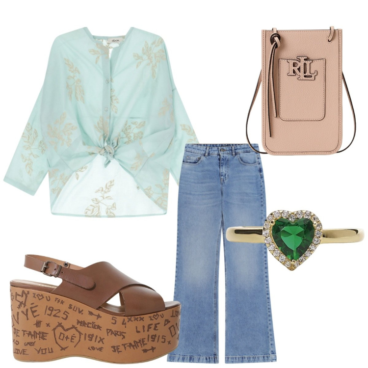 Outfit donna - Total look #2201298. Abbinamento con anelli, jeans, zeppe, camicie, borse a tracolla.