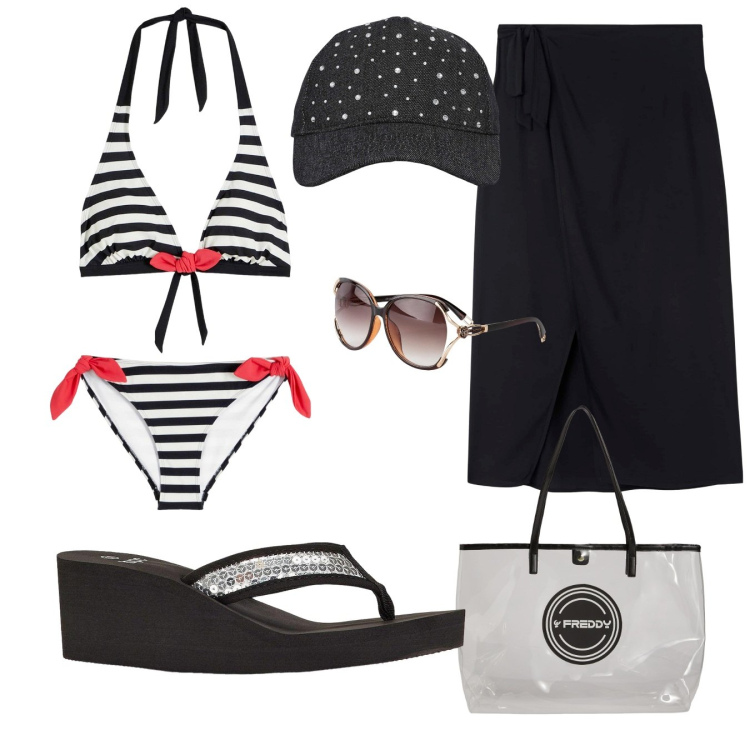 Outfit donna - Seriamente al mare. Stile Casual per Mare. Abbinamento con infradito, occhiali da sole, bikini, vestiti da spiaggia, cappelli, shopping bag.