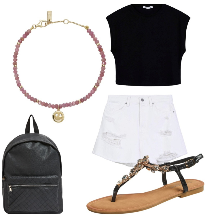 Outfit donna - Total look #2201318. Abbinamento con braccialetti, shorts, t-shirt, sandali gioiello, zaini.
