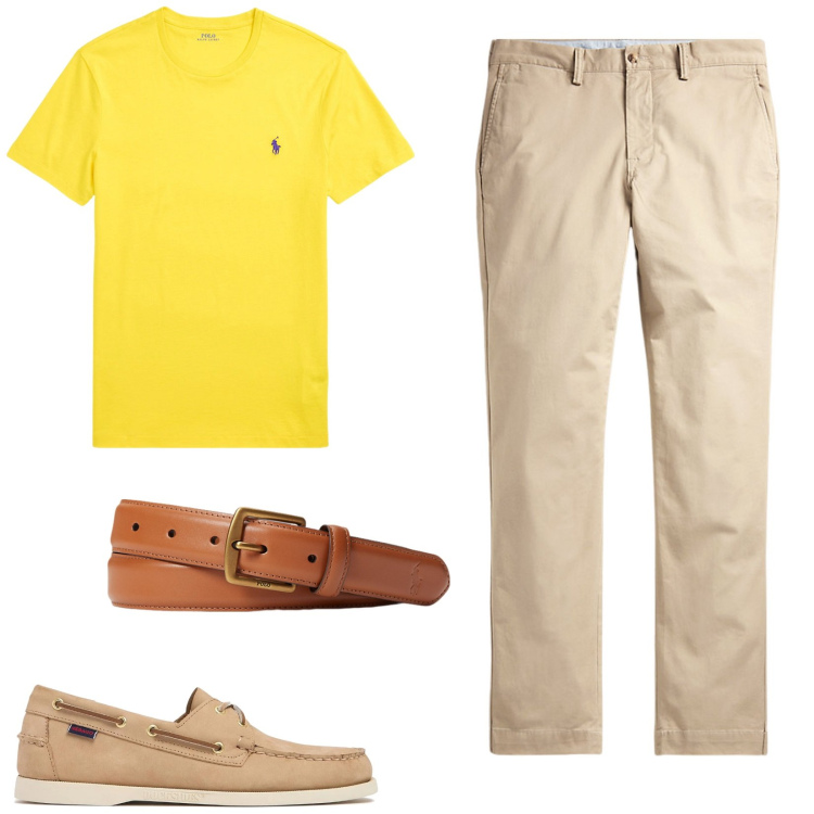 Outfit uomo - Colori solari. Stile Casual per Ufficio. Abbinamento con t-shirt, cinture, pantaloni, scarpe stringate.