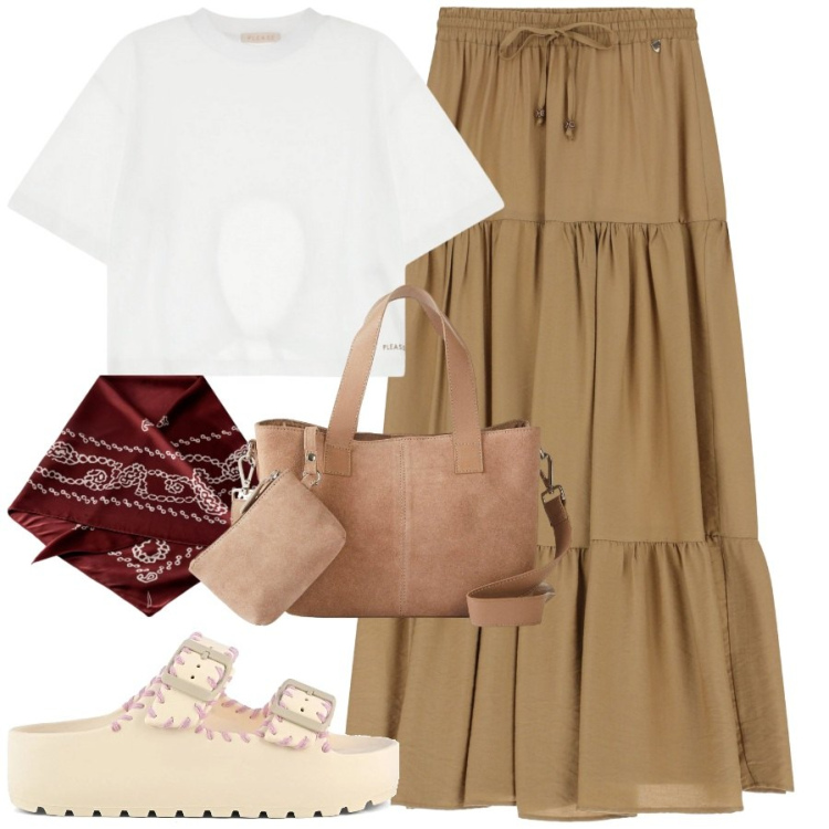 Outfit donna - Maxi gonna gitana. Stile Etnico per Tutti i giorni. Abbinamento con borse a mano, t-shirt, gonne lunghe, ciabatte, foulard.
