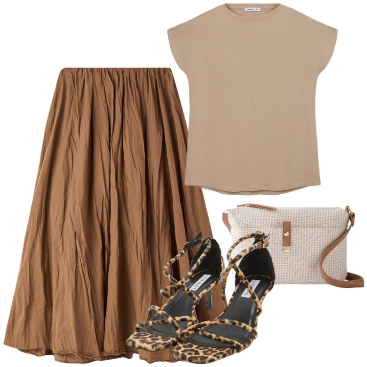 Outfit donna - maxi gonna da portare in vacanza. Stile Casual chic per Tutti i giorni. Abbinamento con borse a tracolla, gonne lunghe, sandali col tacco, t-shirt.
