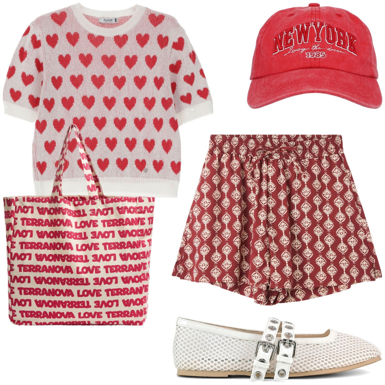 Outfit donna - Cuori a New York. Stile Trendy per Tutti i giorni. Abbinamento con shorts, cappelli, borse tote, maglieria, ballerine.