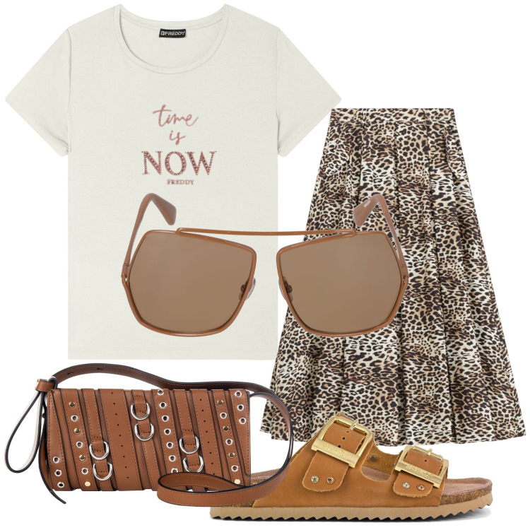 Outfit donna - Passeggiata in ciabatte. Stile Urban per Tutti i giorni. Abbinamento con borse a spalla, t-shirt, gonne longuette, sandali, occhiali da sole.