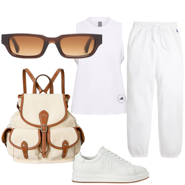 Outfit donna - Escursione. Stile Sporty chic per Sport. Abbinamento con sneakers, zaini, pantaloni sportivi, top sportivi, occhiali da sole.