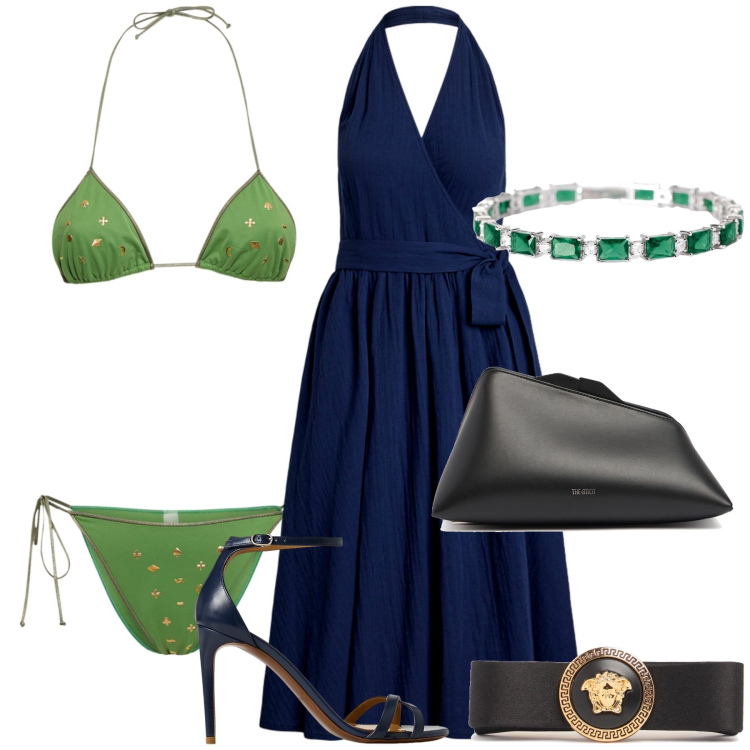 Outfit donna - Green and black sea. Stile Chic per Mare. Abbinamento con braccialetti, sandali col tacco, vestiti, pochette, bikini, accessori per capelli.
