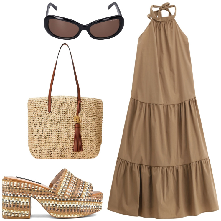 Outfit donna - In estate basta poco. Stile Etnico per Tutti i giorni. Abbinamento con vestiti midi/longuette, borse tote, zeppe, occhiali da sole.