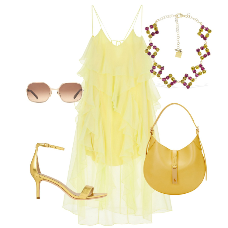 Outfit donna - La signora in giallo. Stile Chic per Serata fuori. Abbinamento con vestiti lunghi, sandali in pelle, borse a spalla, collane, occhiali da sole.