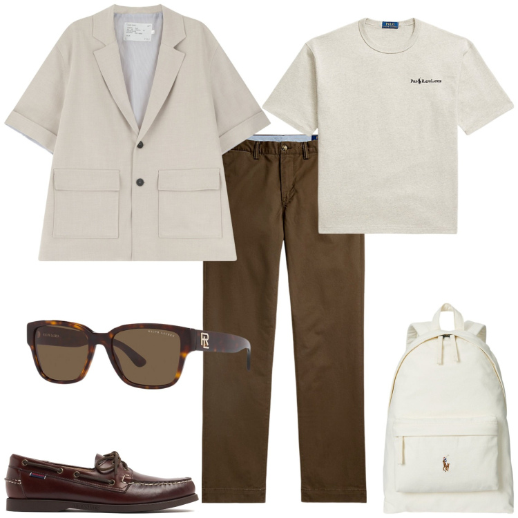 Outfit uomo - Total look #2201342. Stile Business/Elegante per Ufficio. Abbinamento con giacche, occhiali da sole, pantaloni chino, borse sportive, t-shirt, scarpe stringate.